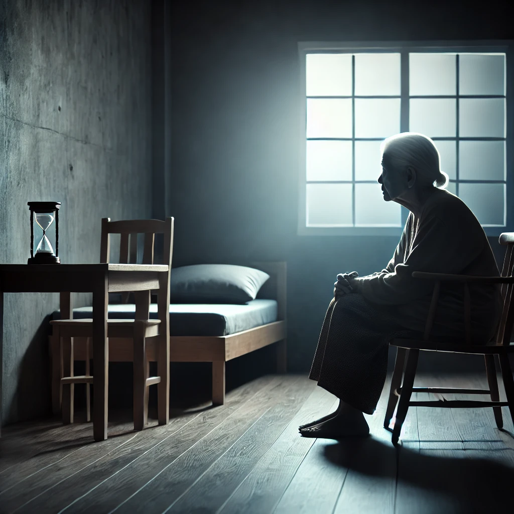 image - depicting an elderly person sitting alone in a dimly lit room, looking forlorn and abandoned