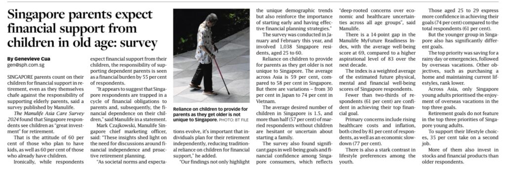 strait times - singapore parents expect financial support from children in old age survey